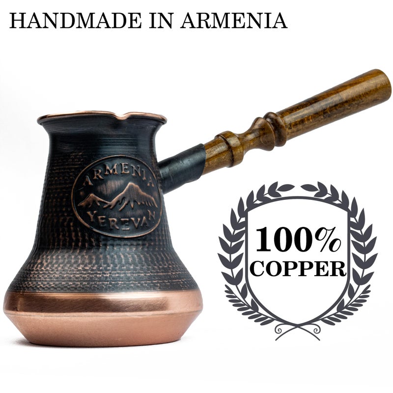 HandCraftoria Handmade Armenian Coffee Pot Maker Copper Jazva Ararat Turkish Arabic Greek Cezve Jezve Ibrik Turka Jazzve Jazve Wooden Handle (12 Fl Oz (355ml)) - Image 2